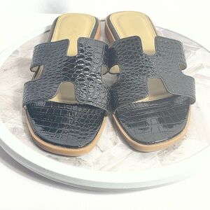 Lemonade Black Croc Embossed Slide Sandals Womens Size 9 Flat Summer Shoes